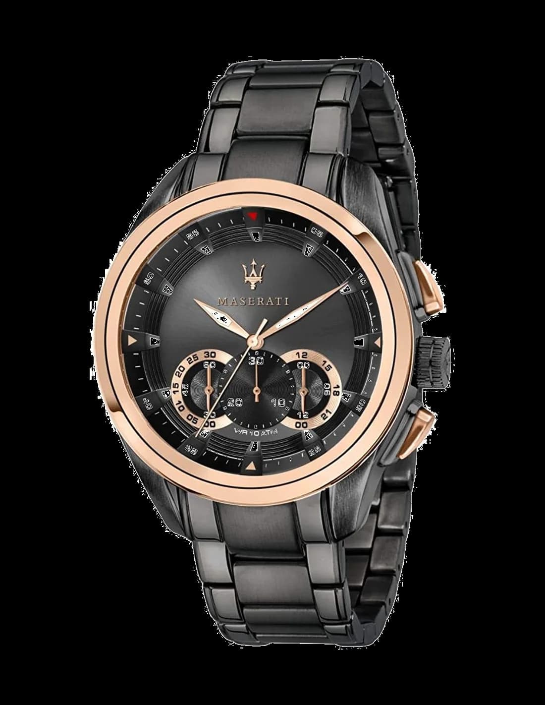 Montre Maserati R8873612016 avec cadran noir soleillé, compteurs chrono et index bâtons rehauts or rose, style sport chic
