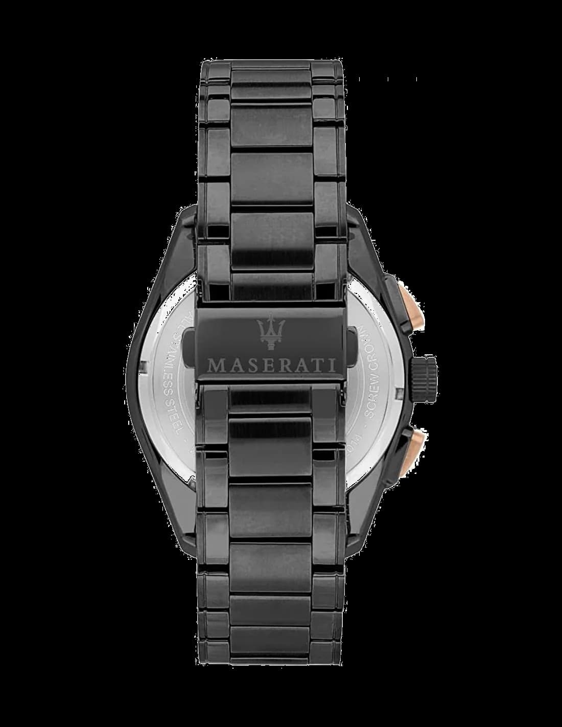Boîtier Maserati R8873612016 en acier noir 44mm, lunette fixe lisse, couronne et poussoirs or rose, verre saphir, profil épais