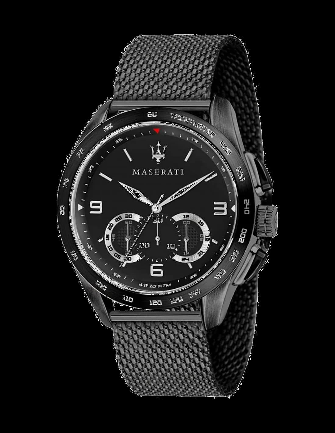 Montre Maserati R8873612031 au cadran noir soleillé avec index appliqués et aiguilles squelettées, style sport-élégant