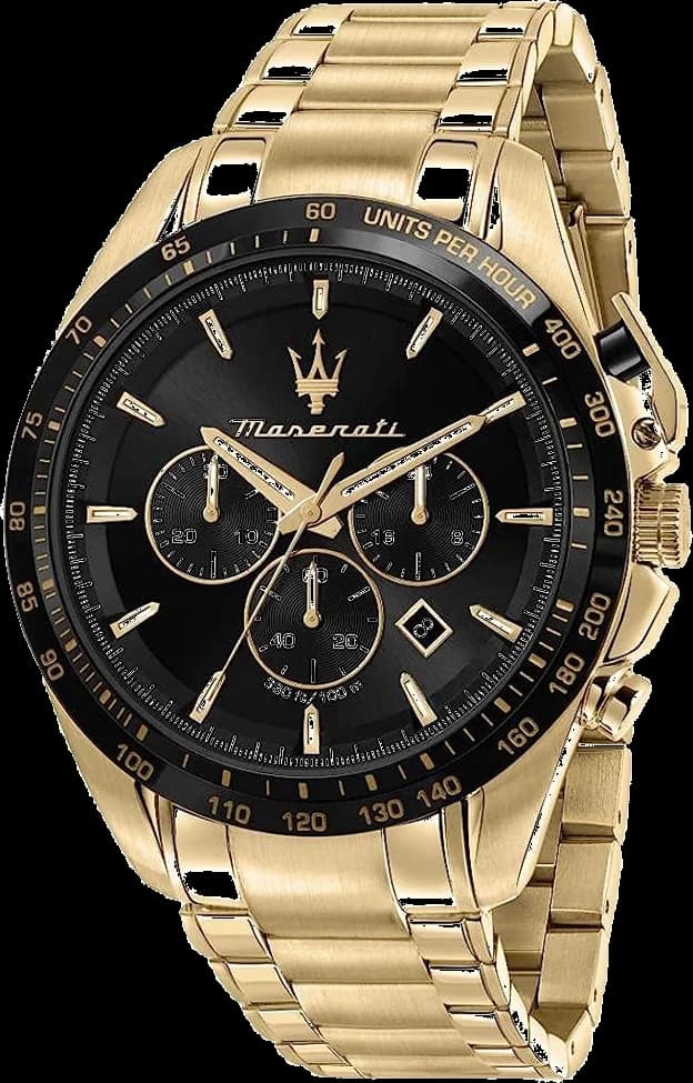 Montre Maserati R8873612041 au cadran noir et boîtier doré, style sport chic