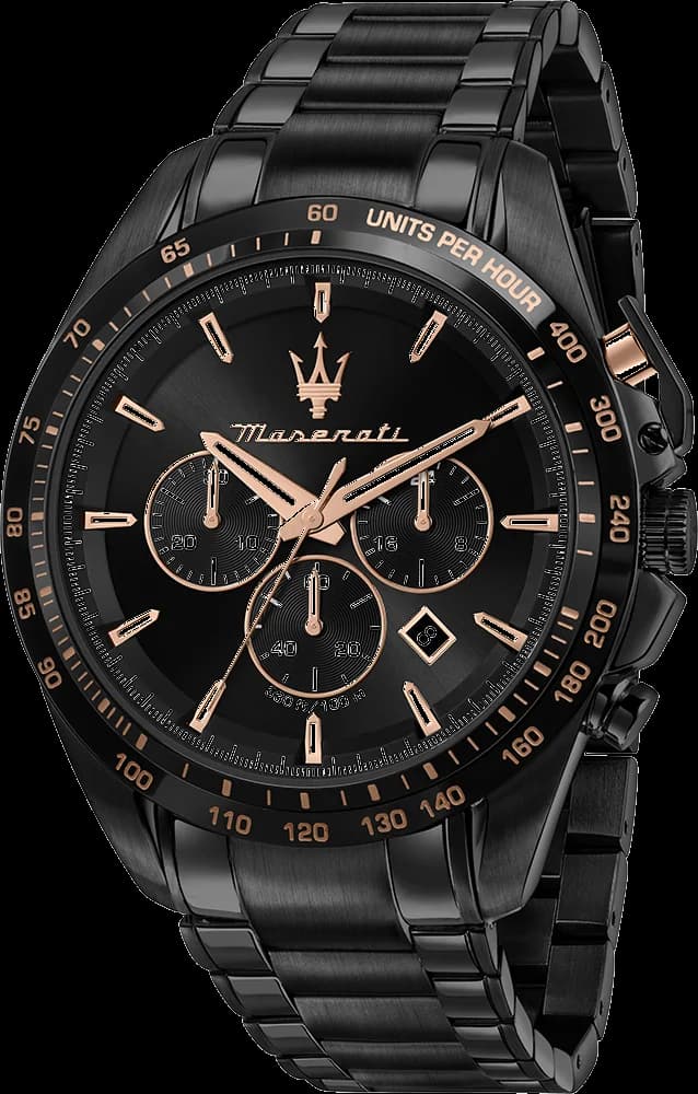 Montre Maserati R8873612048 affichant un cadran noir texturé et des compteurs chromés, style sportif et élégant