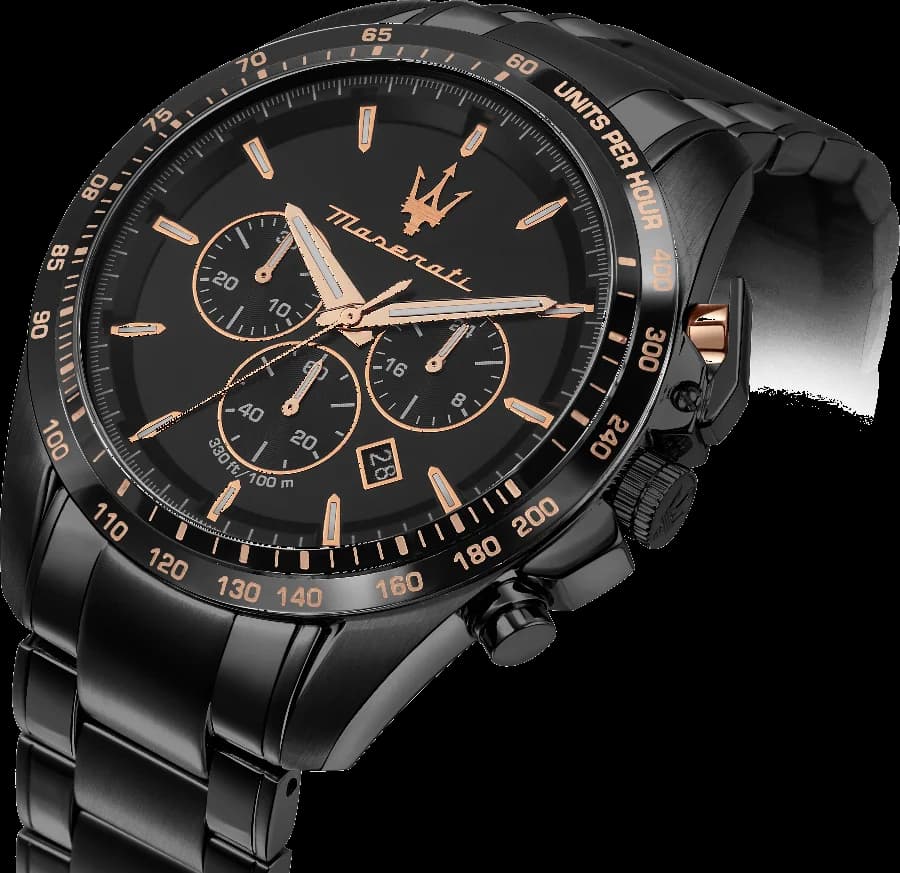 Cadran Maserati R8873612048 avec index appliqués, aiguilles luminescentes et guichet date à 4h30, mouvement chronographe
