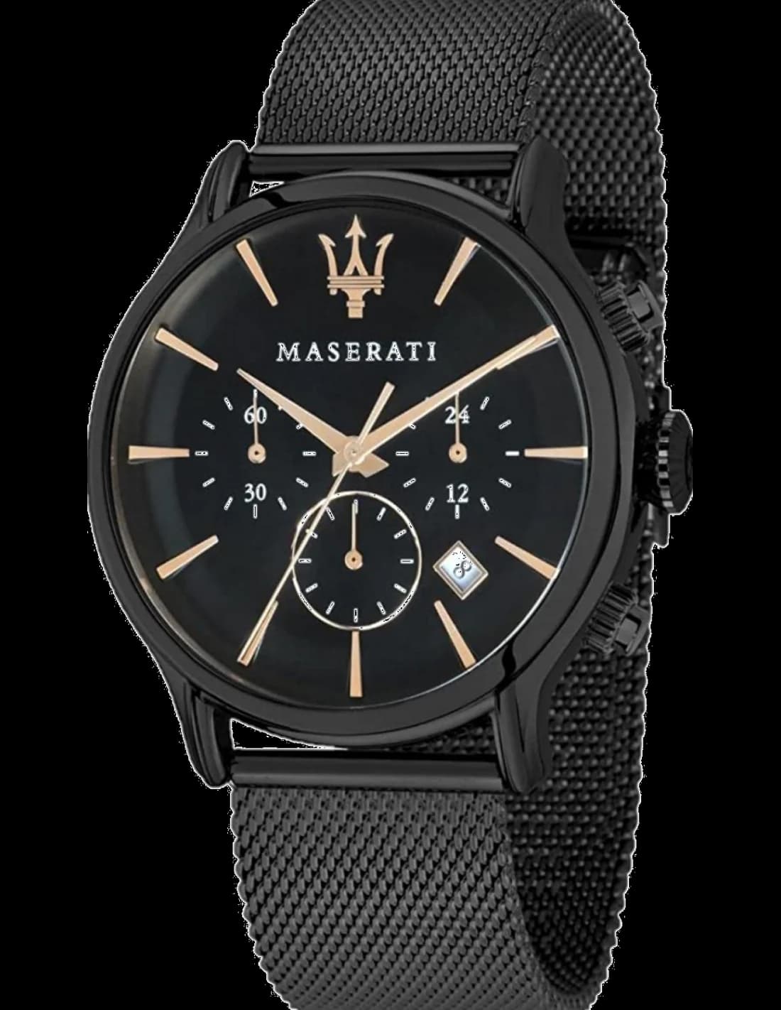 Montre Maserati R8873618006 avec cadran noir soleil, aiguilles argentées et index bâtons, style sport chic