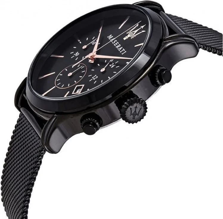 Cadran Maserati R8873618006 noir soleillé, index appliques et aiguilles dauphine, date à 3h, design épuré