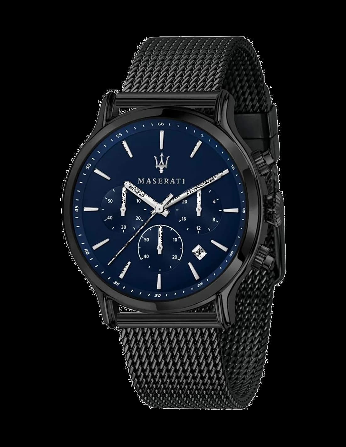 Montre Maserati R8873618008 avec cadran noir et index bâtons sur fond soleillé