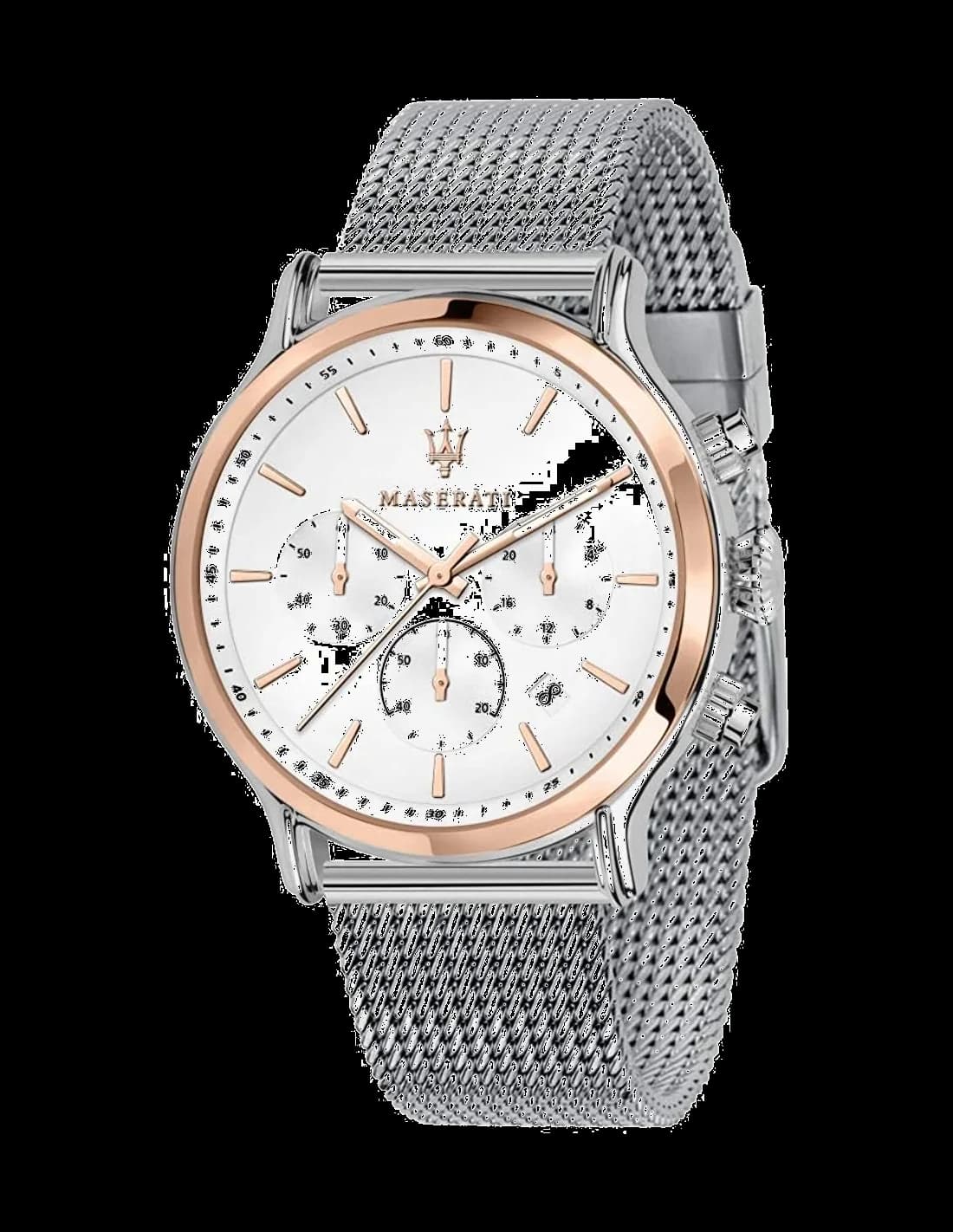 Montre Homme Maserati Epoca R8873618009 détails or rose bracelet en maille milanaise