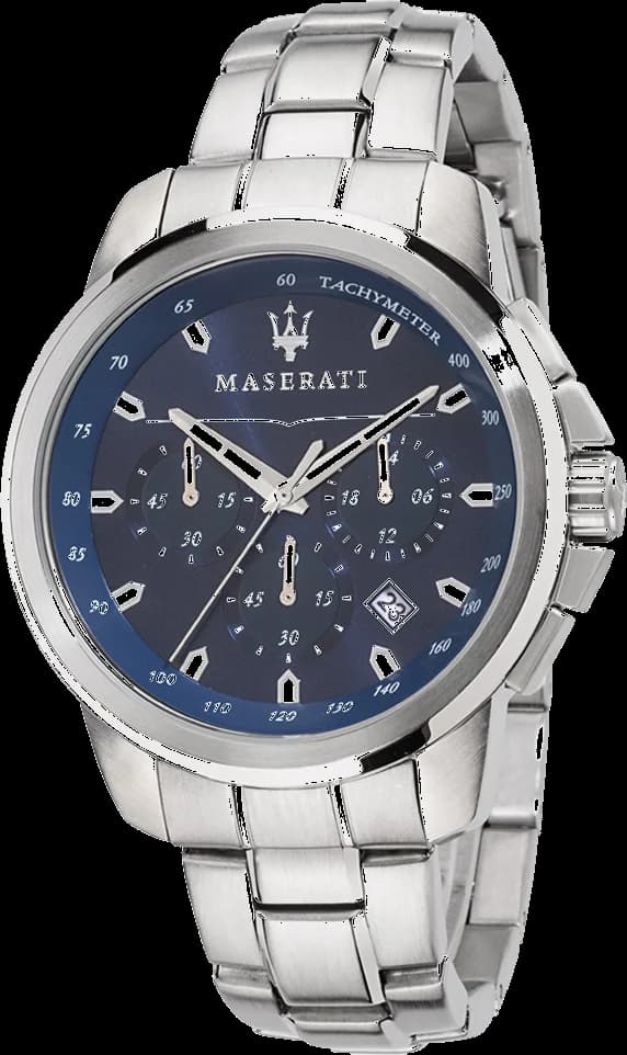 Montre Maserati R8873621002 avec cadran bleu soleil, trois compteurs chronographe et aiguilles argentées sur fond bleu