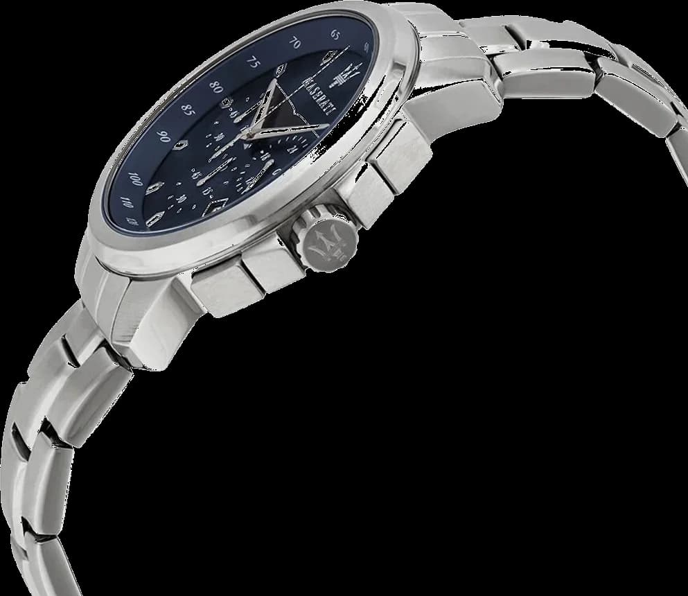 Cadran Maserati R8873621002 au cadran bleu soleillé, index appliqués argent, date à 4h30 et compteurs noirs