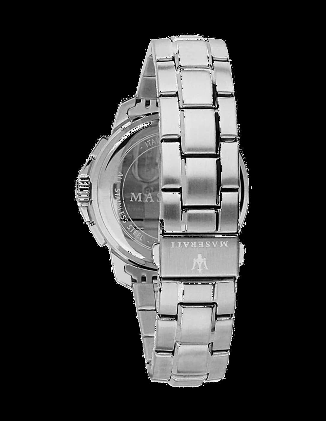 Cadran Maserati R8873621006 gris soleillé, index bâton rhodiés, aiguilles squelettes, date à 3h, totaliseur 60s