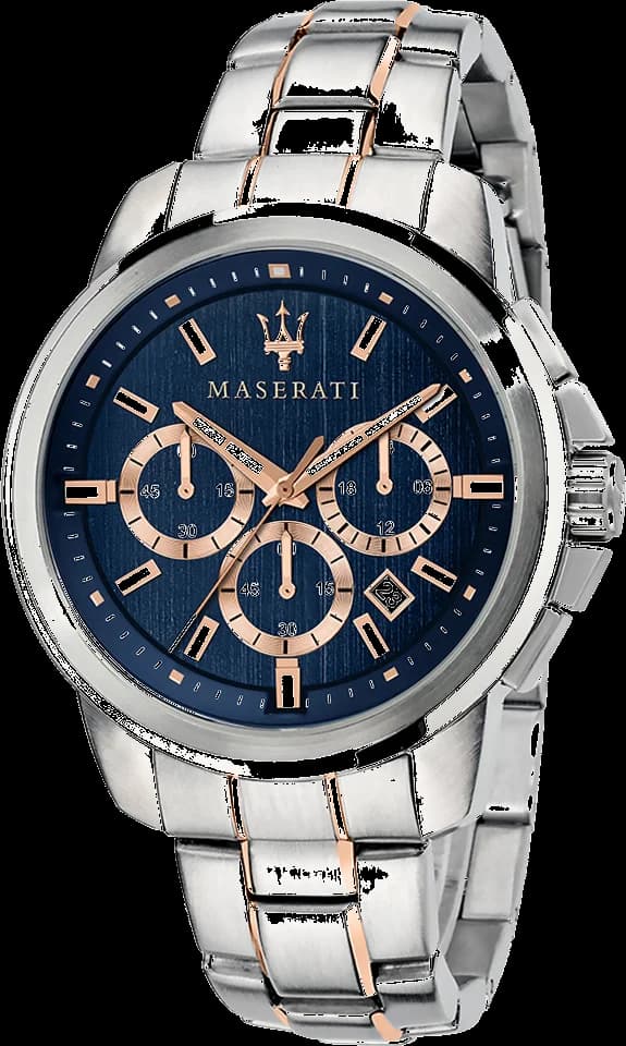 Montre Maserati R8873621008 chronographe bleu soleil avec compteurs noirs et index argentés, style sport-élégant