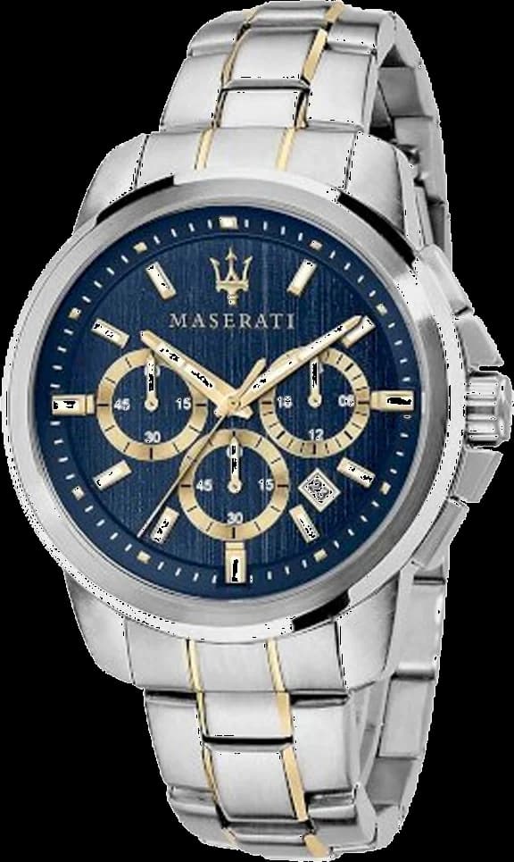 Montre Homme Maserati Successo R8873621016 chronographe cadran bleu bracelet en acier inoxydable bicolore