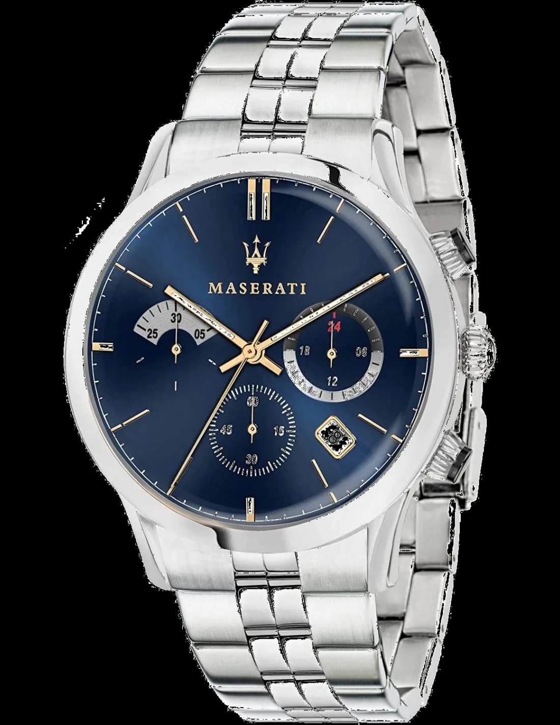 Montre Maserati R8873633001 avec cadran bleu soleil, index bâtons et aiguilles luminescentes, style sport-élégant