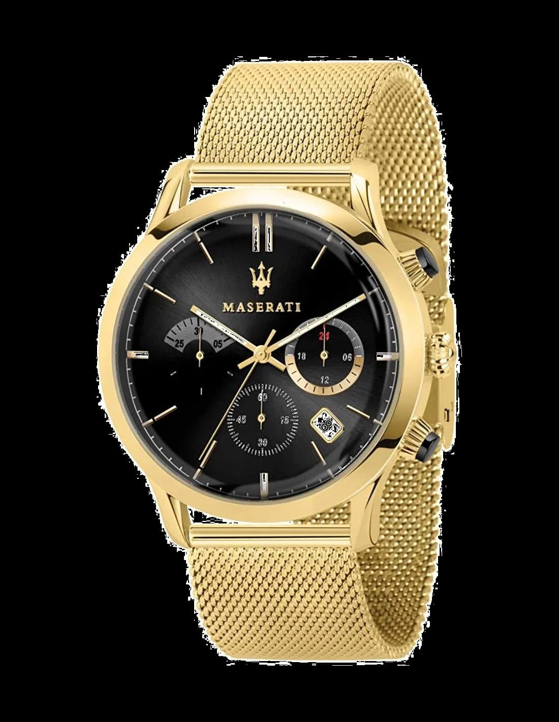 Montre Maserati R8873633003 avec cadran noir et index dorés, style élégant et sportif