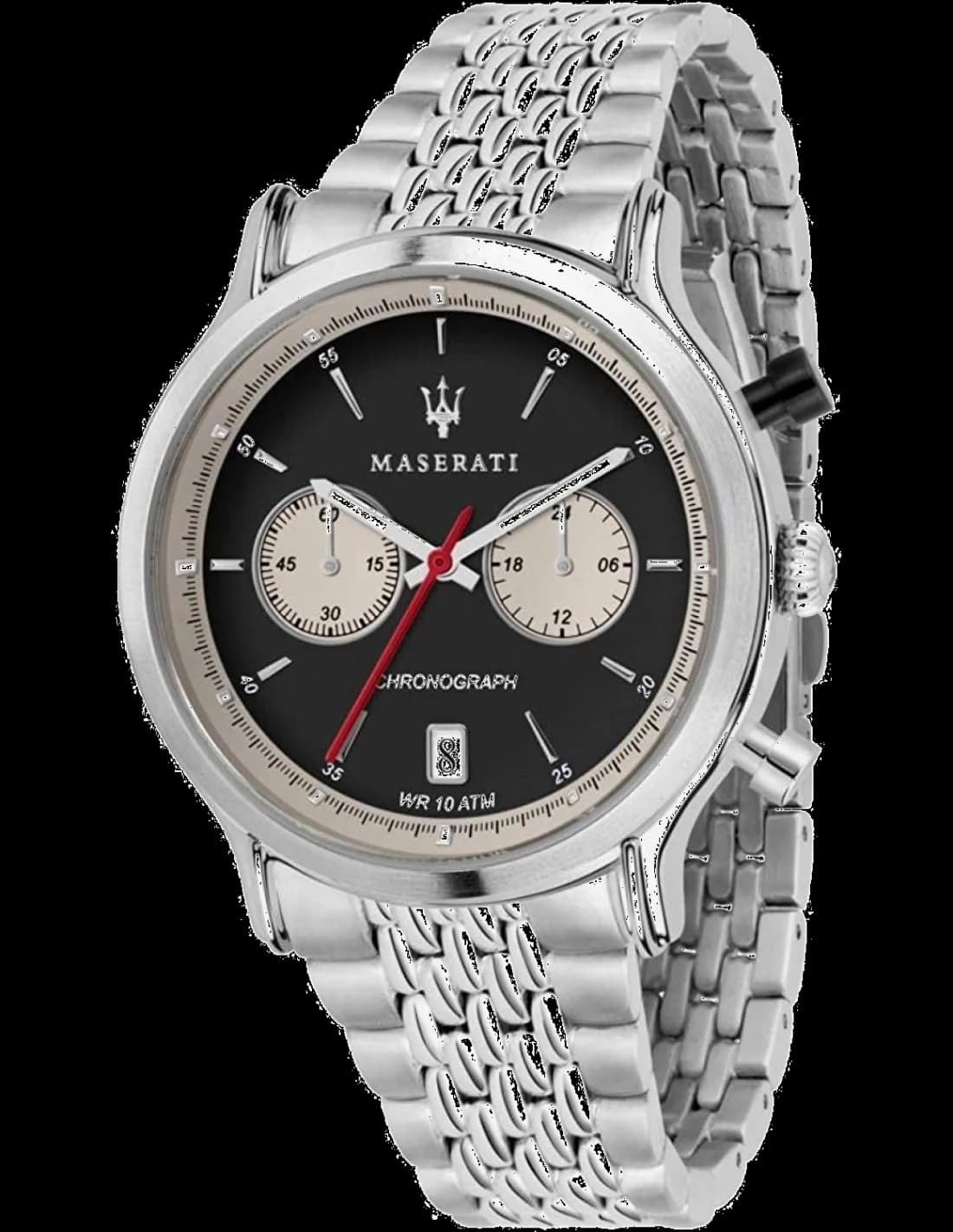 Montre Maserati R8873638001 au cadran noir avec compteurs chronographe et index argentés, style sportif et élégant