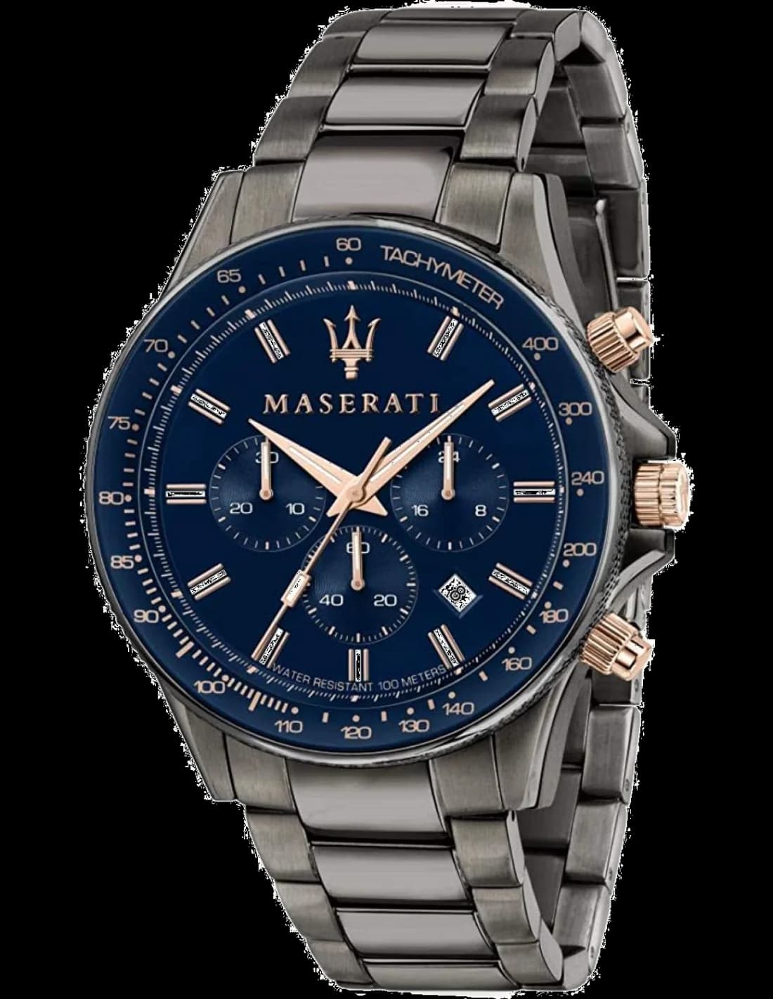 Montre Maserati R8873640001 avec cadran bleu soleillé, index or rose et aiguilles bâtons sur fond bleu profond