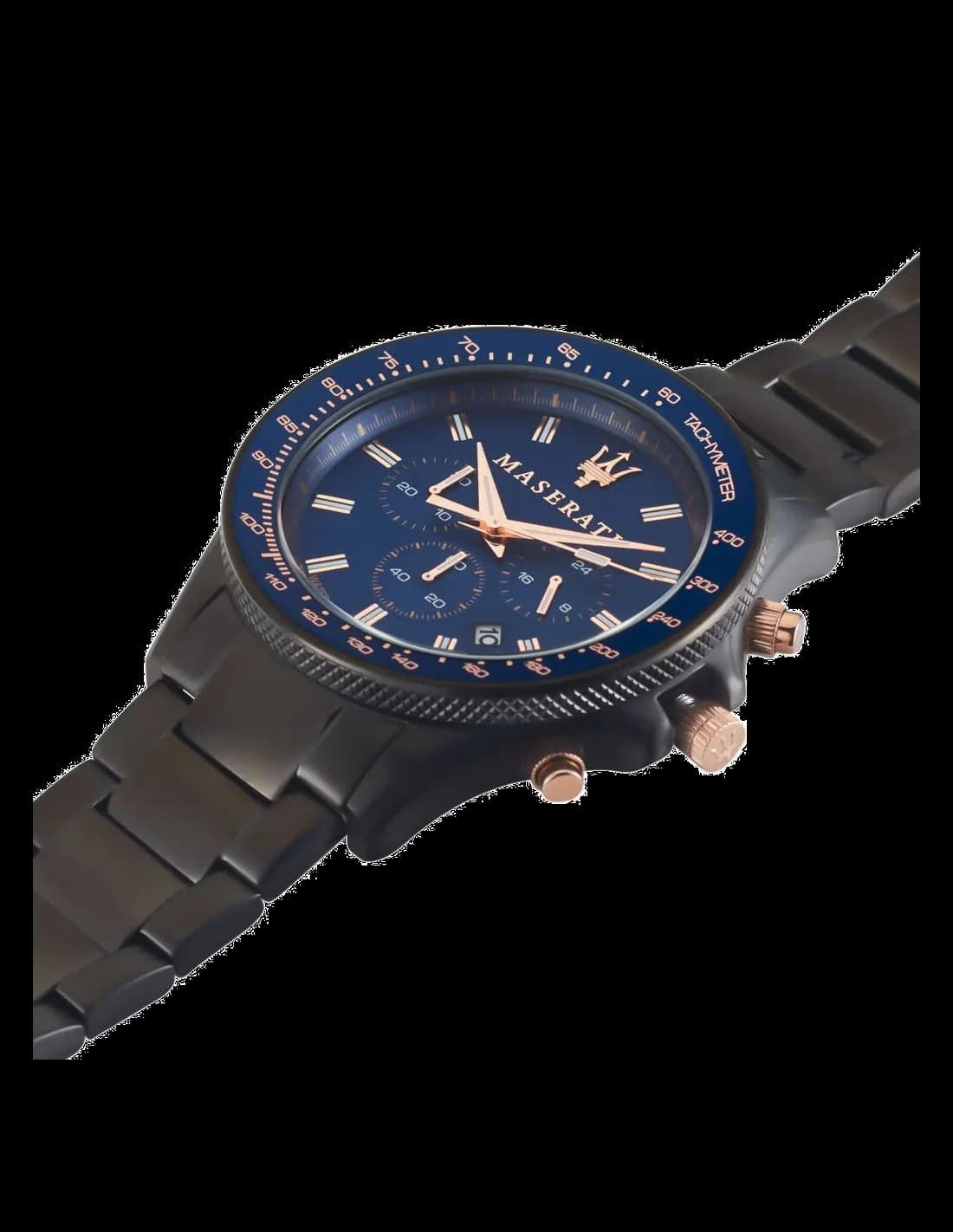 Cadran Maserati R8873640001 avec index appliqués or rose, aiguilles squelette et guichet date à 3h, compteurs chrono