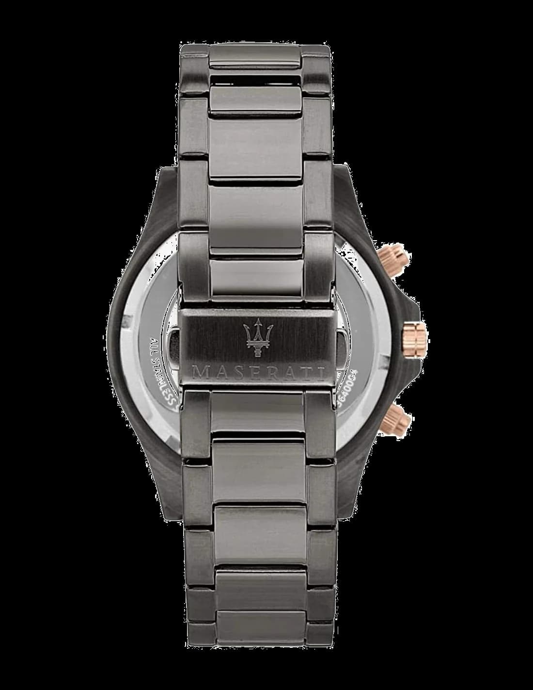 Boîtier Maserati R8873640001 en acier noir de 44 mm, lunette fixe lisse et verre saphir, couronne vissée à 3h