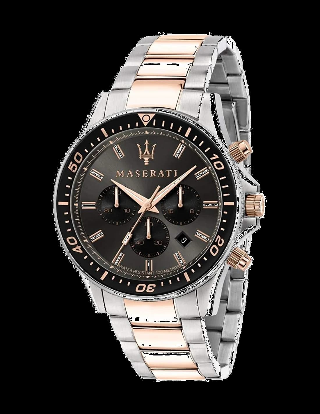 Montre Maserati R8873640002 avec cadran noir soleil, index dorés et aiguilles squelette, style sport chic