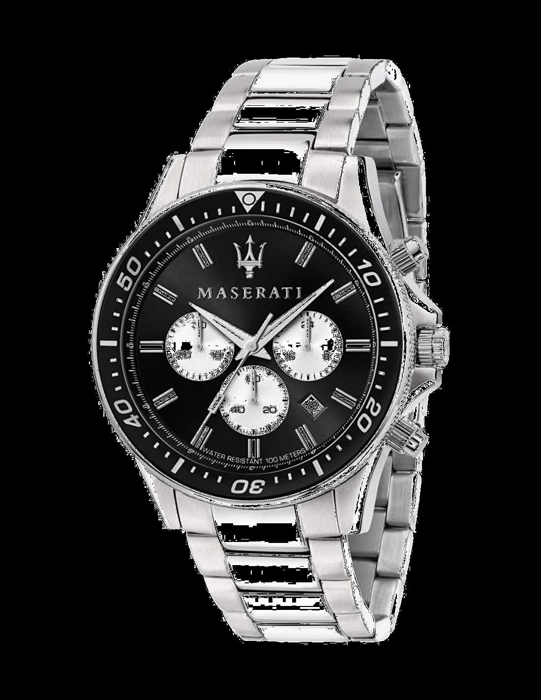 Montre Maserati R8873640004 au cadran noir et index blancs sur fond mat, style sport chic