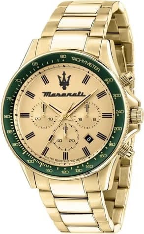 Montre Maserati R8873640005 au cadran vert soleil avec acier doré jaune et style sportif chic