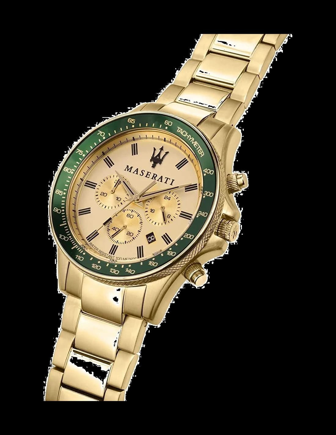 Cadran Maserati R8873640005 vert avec index appliques et aiguilles dorées, date à 3h et mouvement automatique