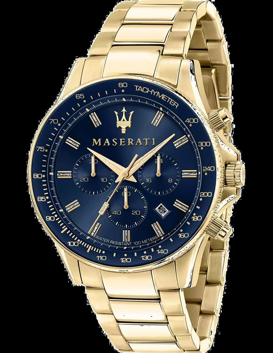 Montre Maserati R8873640008 avec cadran bleu nuit soleil, boîtier acier doré et style sport chic