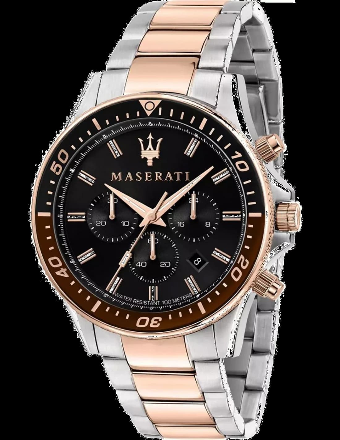 Montre Maserati R8873640009 avec cadran noir et aiguilles bicolores sur fond gris soleillé