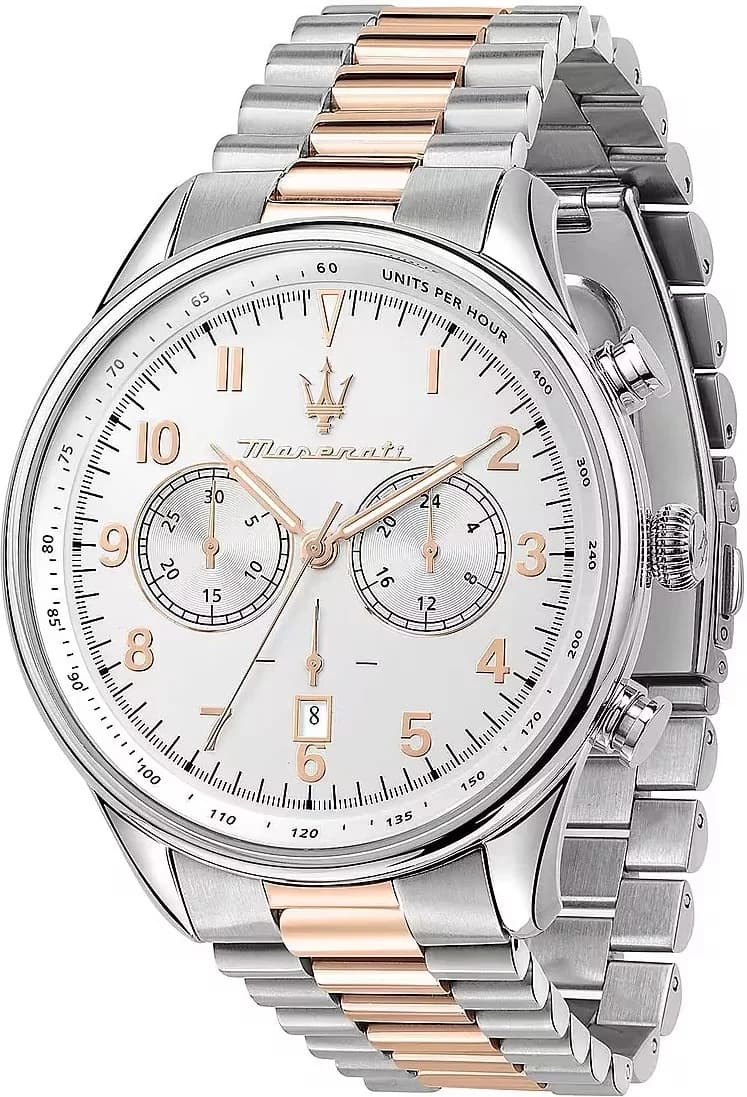 Montre Maserati R887364002 avec cadran noir soleillé et index bâton, style sport chic