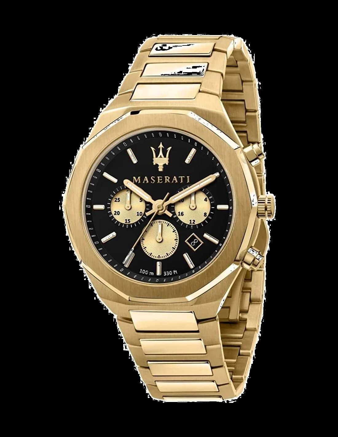 Montre Maserati R8873642001 avec cadran blanc, index bâtons dorés et aiguilles noires, style élégant sur fond clair