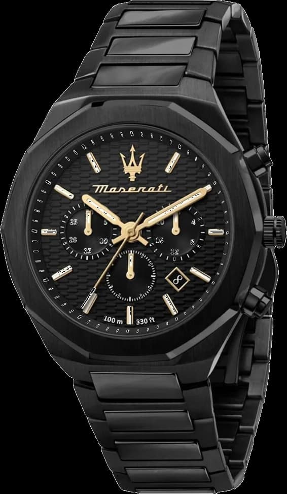 Montre Maserati R8873642005 au cadran noir soleillé avec compteurs chronographe, acier brossé et style sport élégant