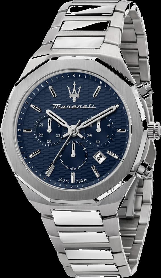 Montre Maserati R8873642006 avec cadran bleu soleil, index appliqués et trotteur rouge sur fond bleu profond