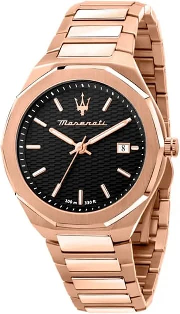 Montre Maserati R8873642007 avec cadran noir et boîtier acier doré rose, style chic et sportif