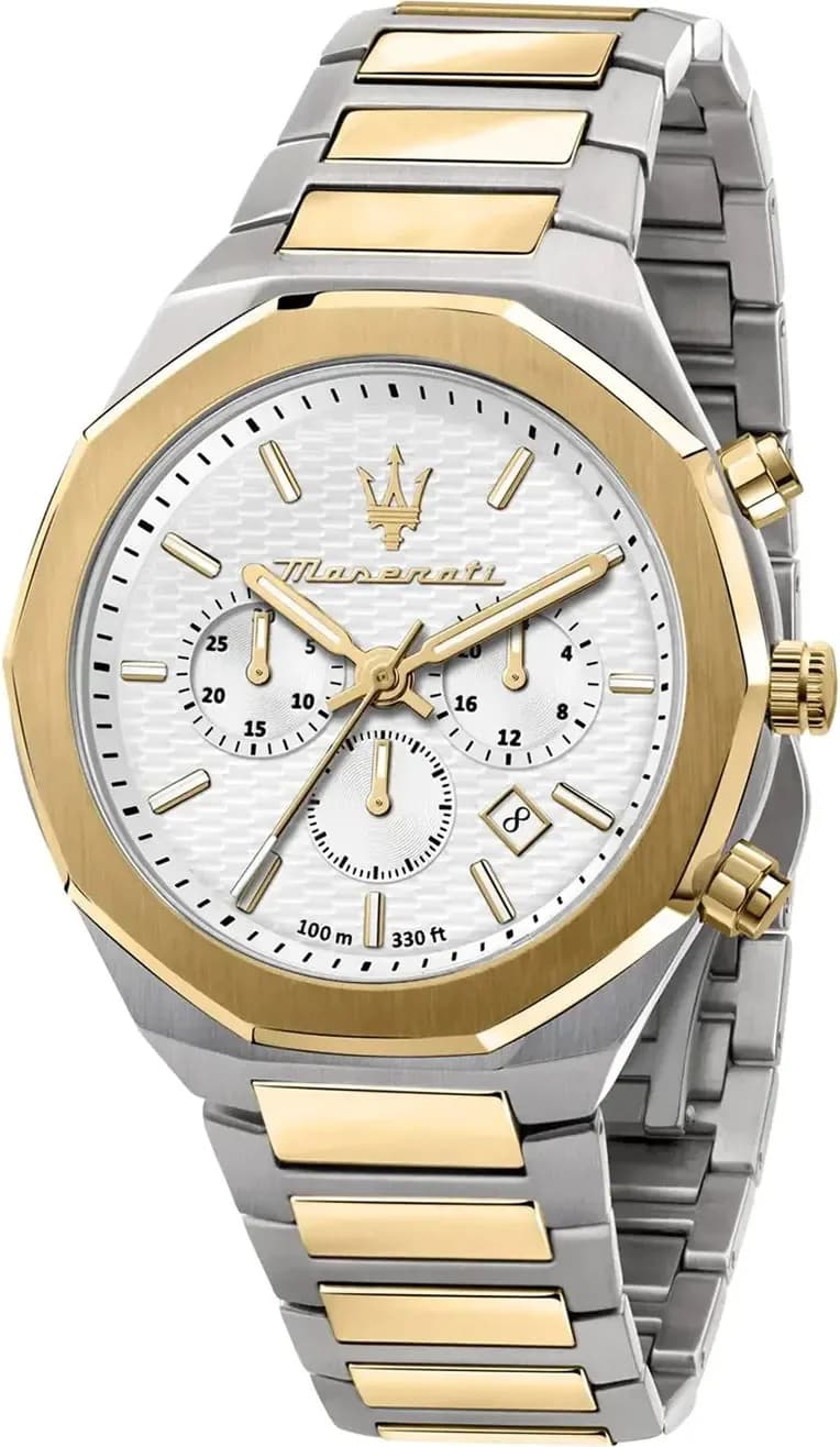 Montre Maserati R8873642009 avec cadran blanc soleillé, index bâtons appliqués et aiguilles bicolores, style sport-élégant