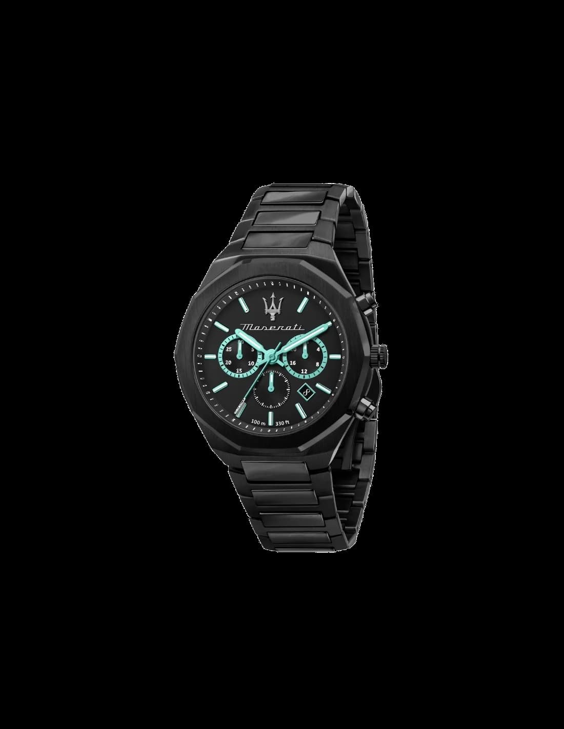 Montre Maserati R8873644001 avec cadran noir soleillé, index appliques et aiguilles squelettes turquoise, style sport chic
