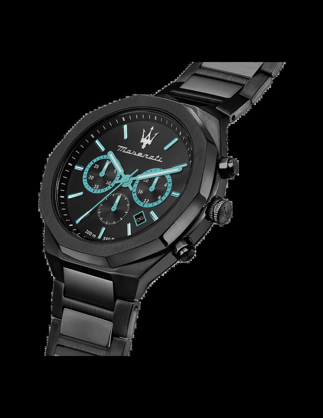 Cadran Maserati R8873644001 noir soleillé, index bâtons argentés, aiguilles squelettes turquoise, date à 3h, contraste lumineux