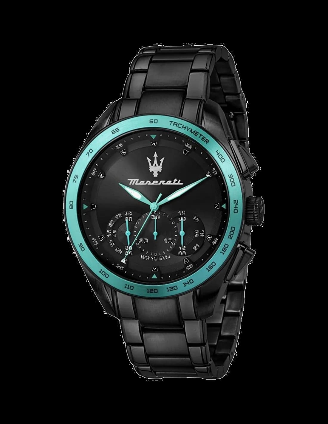 Montre Maserati R8873644002 avec cadran turquoise soleillé et boîtier noir acier brossé, style sport-élégant