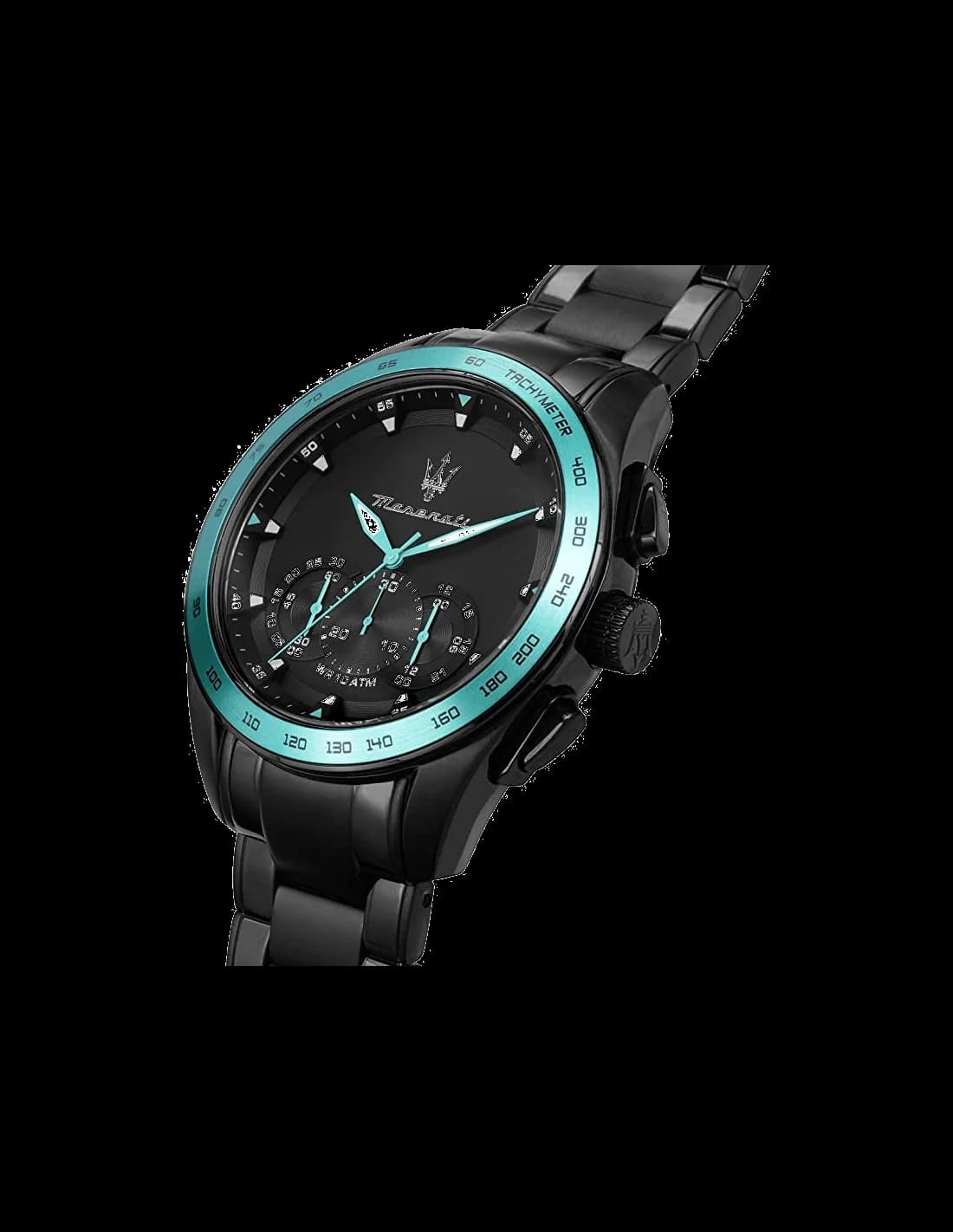 Cadran Maserati R8873644002 au motif soleillé turquoise, index bâtons argentés et aiguilles luminescentes, date à 3h