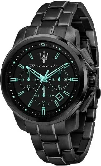 Montre Maserati R8873644003 au cadran turquoise soleil avec index appliques et aiguilles bâton noires, style sport chic
