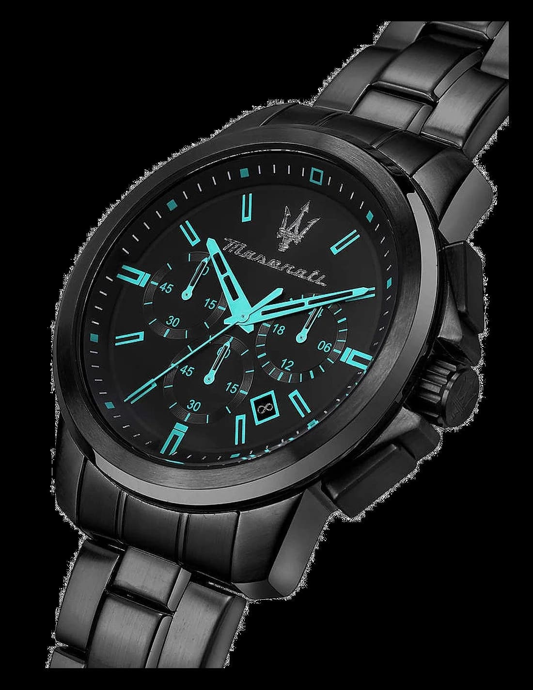 Cadran Maserati R8873644003 avec index appliques argentés, aiguilles noires et compteur date à 3h, fond turquoise soleil