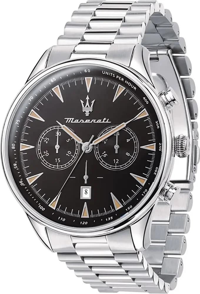 Montre Maserati R8873646004 au cadran gris soleillé, compteurs chronographe et index appliqués, style sport-élégant