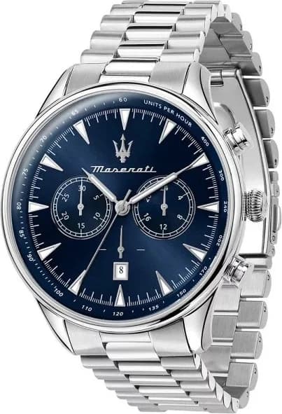 Montre Maserati R8873646005 au cadran noir soleil, index bâtons argentés et aiguilles luminescentes, style sport élégant