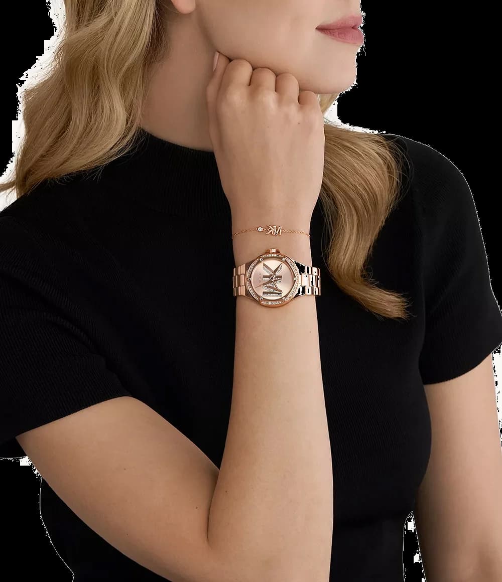 Boîtier Michael Kors MK1063 rond en acier doré rose, lunette lisse, finition polie