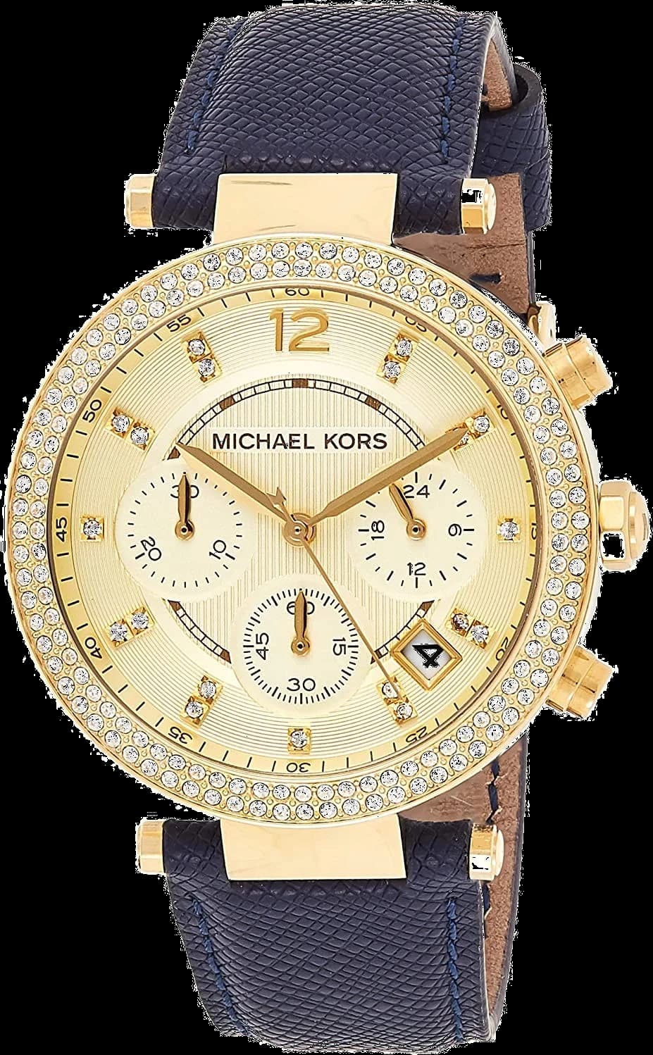 Montre Michael Kors MK2280 au cadran bleu marine soleillé, aiguilles dorées et index bâtons, style chic et sportif
