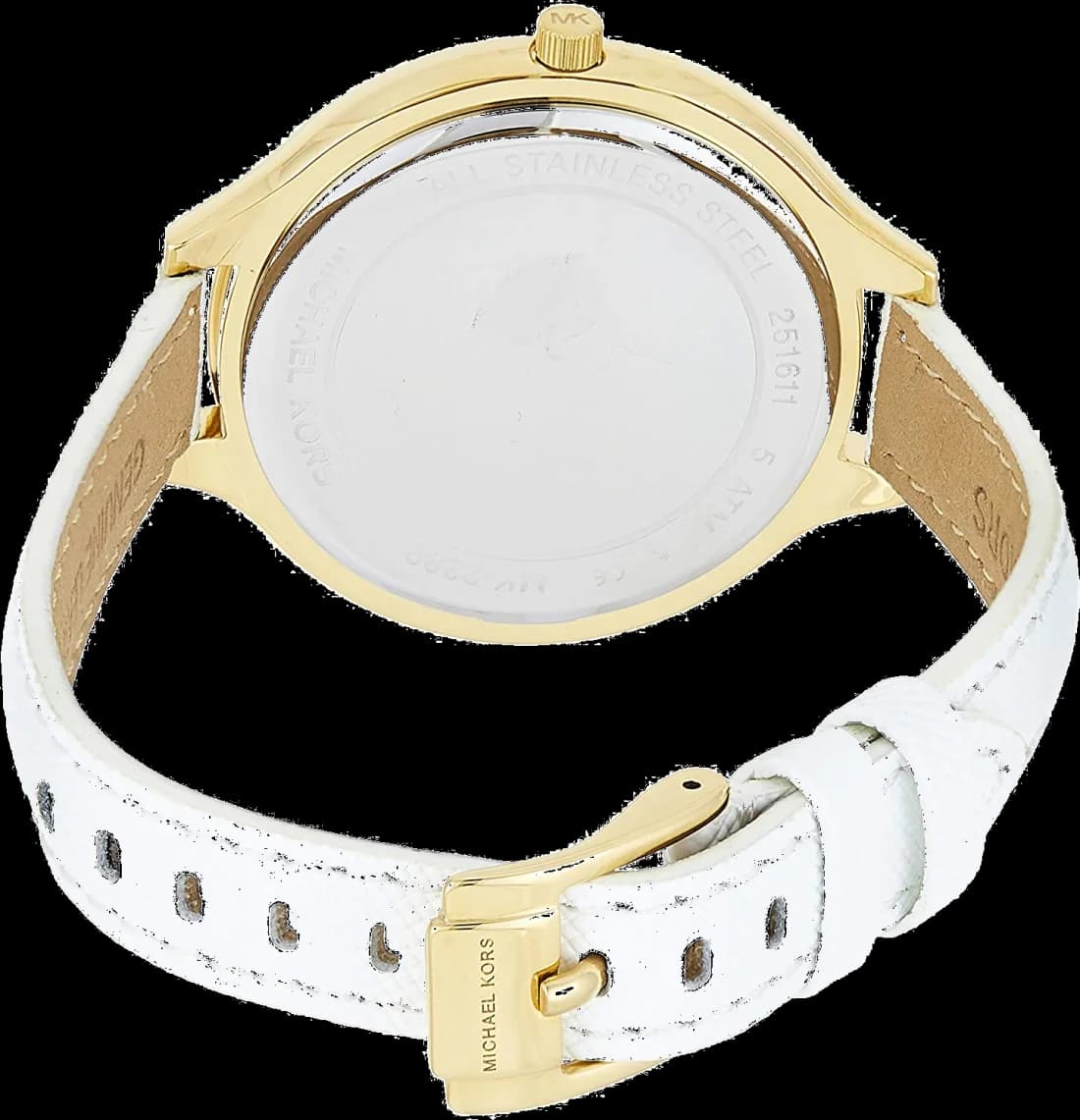 Cadran Michael Kors MK2389 blanc épuré avec index bâtons dorés, aiguilles dauphine et date à 3h