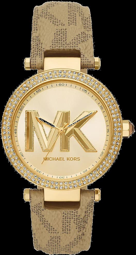Montre Michael Kors MK2973 avec cadran soleil brun et aiguilles dorées sur fond marron texturé