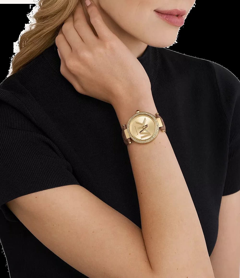 Bracelet Michael Kors MK2973 en cuir marron imprimé logo MK avec coutures contrastantes et boucle ardillon