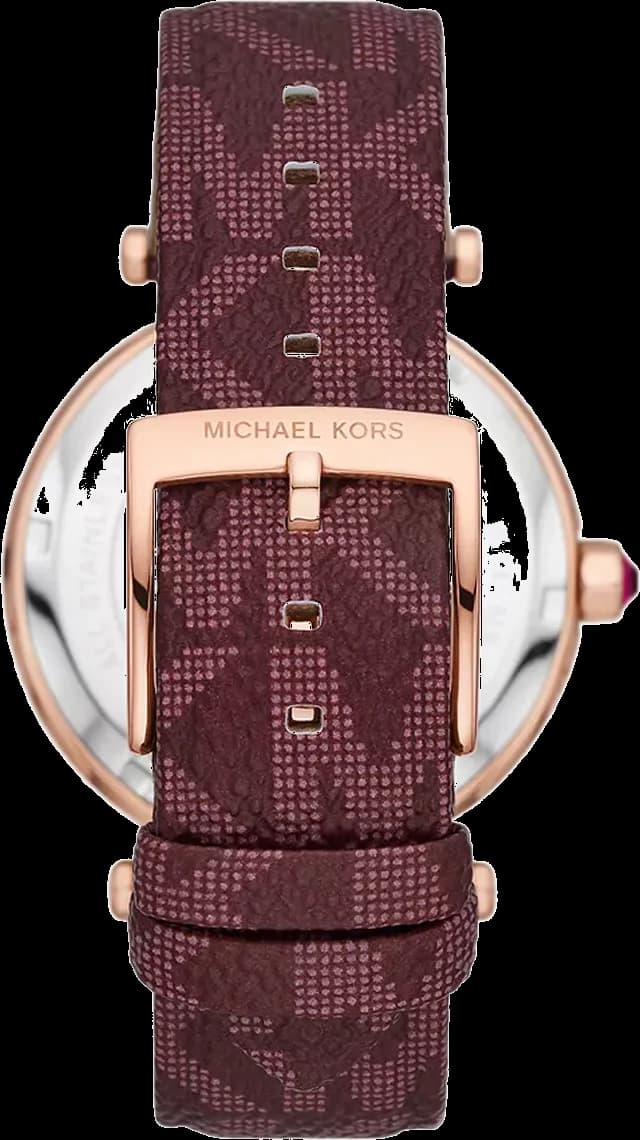 Cadran Michael Kors MK2974 avec aiguilles dorées et index appliques sur fond rose lumineux