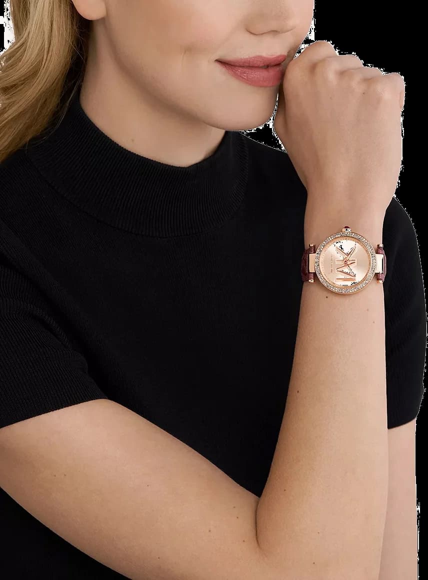 Boîtier Michael Kors MK2974 rond en acier doré rose de 39 mm, lunette lisse et verre minéral