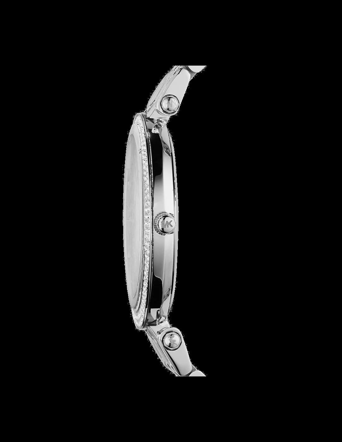 Cadran Michael Kors MK3190 blanc nacré avec index dorés, aiguilles dauphine, date à 3h et cristaux sur la lunette