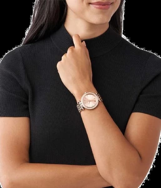 Boîtier Michael Kors MK3192 rond en acier or rose 38 mm, lunette lisse, glace saphir, profil fin et raffiné